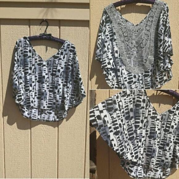 Fiona & Purple Top Retro 80’s Abstract Animal Print Batwing Lace Back Sz L - Picture 2 of 8